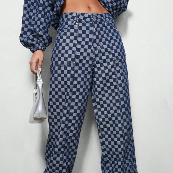 Blue Casual Women's Wide Leg Carpenter Checkboard Jeans - Picture 2 of 4